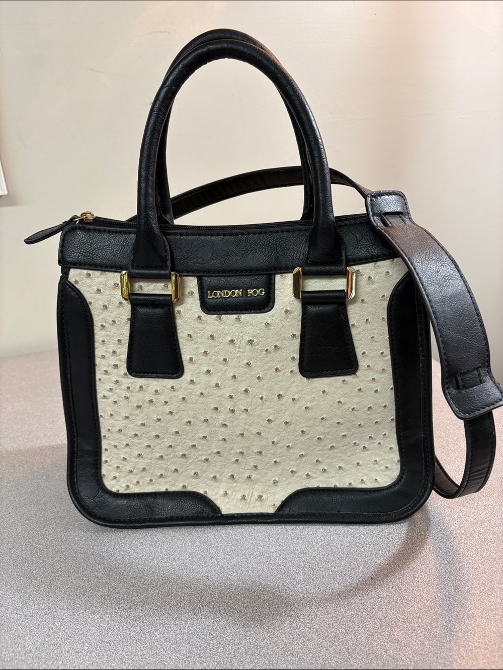 London Fog Black and Cream Faux Ostrich-Embossed Satchel with Shoulder Strap